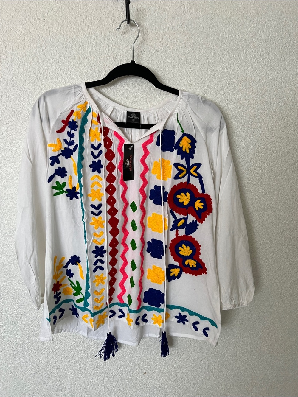 White Embroidered Peasant Top with Multicolor Floral Trim Sz Xl